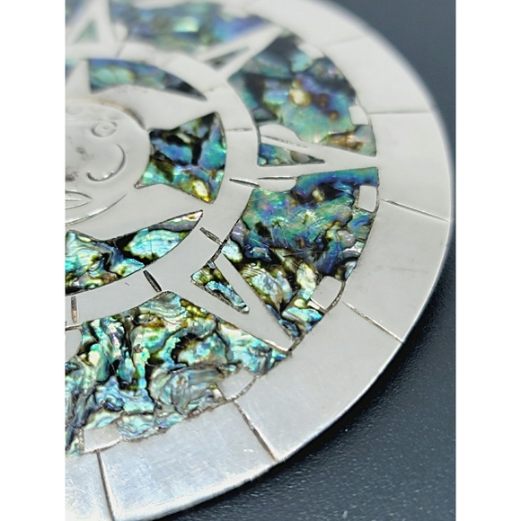 Vintage Abalone and Taxco Sterling 925 Silver Hecho en Mexico Sun Brooch - Picture 3 of 7